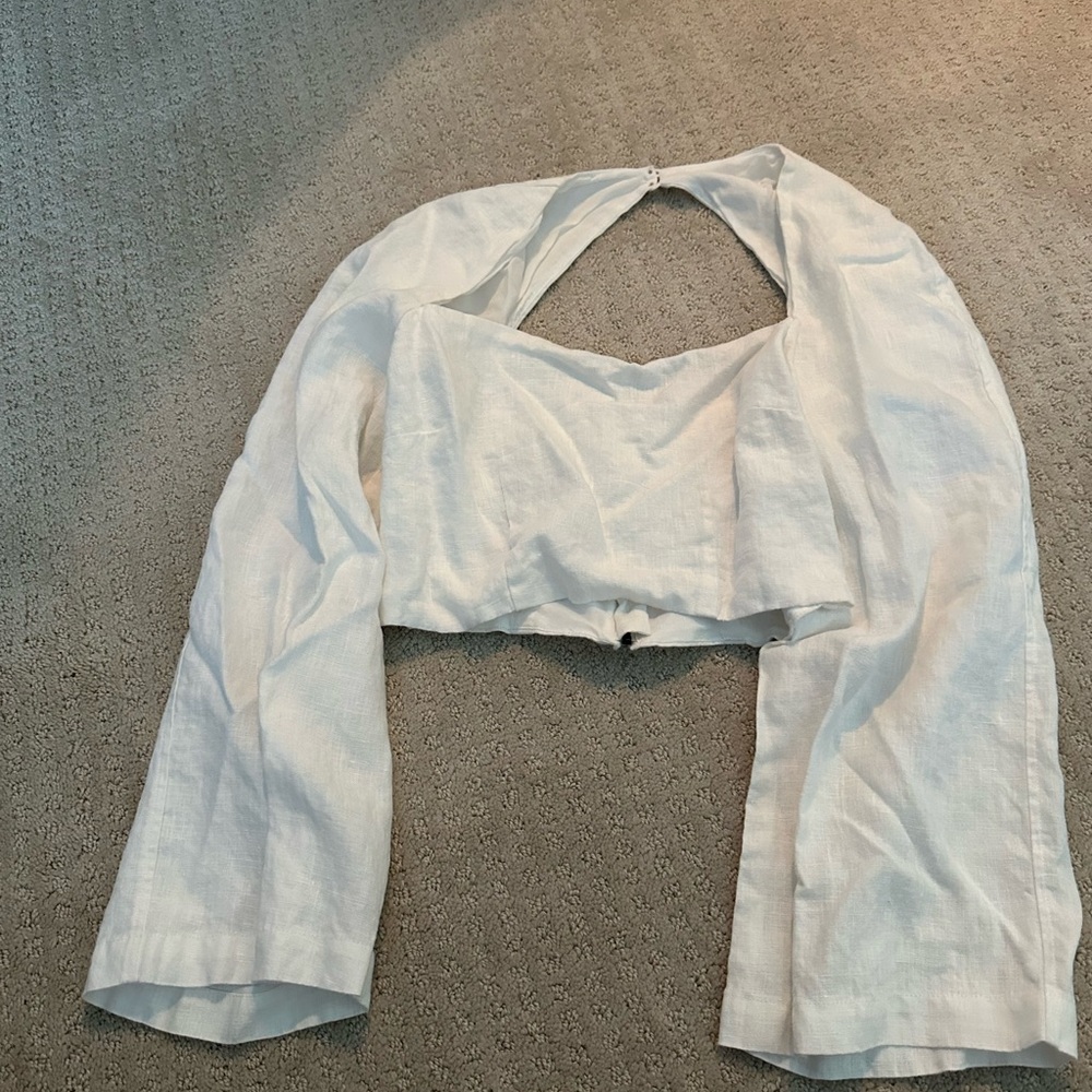Mara Hoffman Cream Crop Blouse with 3/4 Sleeves and Cut Out Back